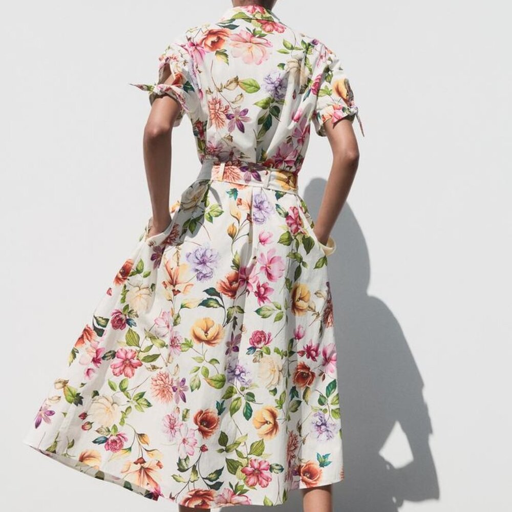 ZARA Women's Midi Dress Size XL Cotton Poplin Print Tie Sleeves Belted Floral - Picture 2 of 12